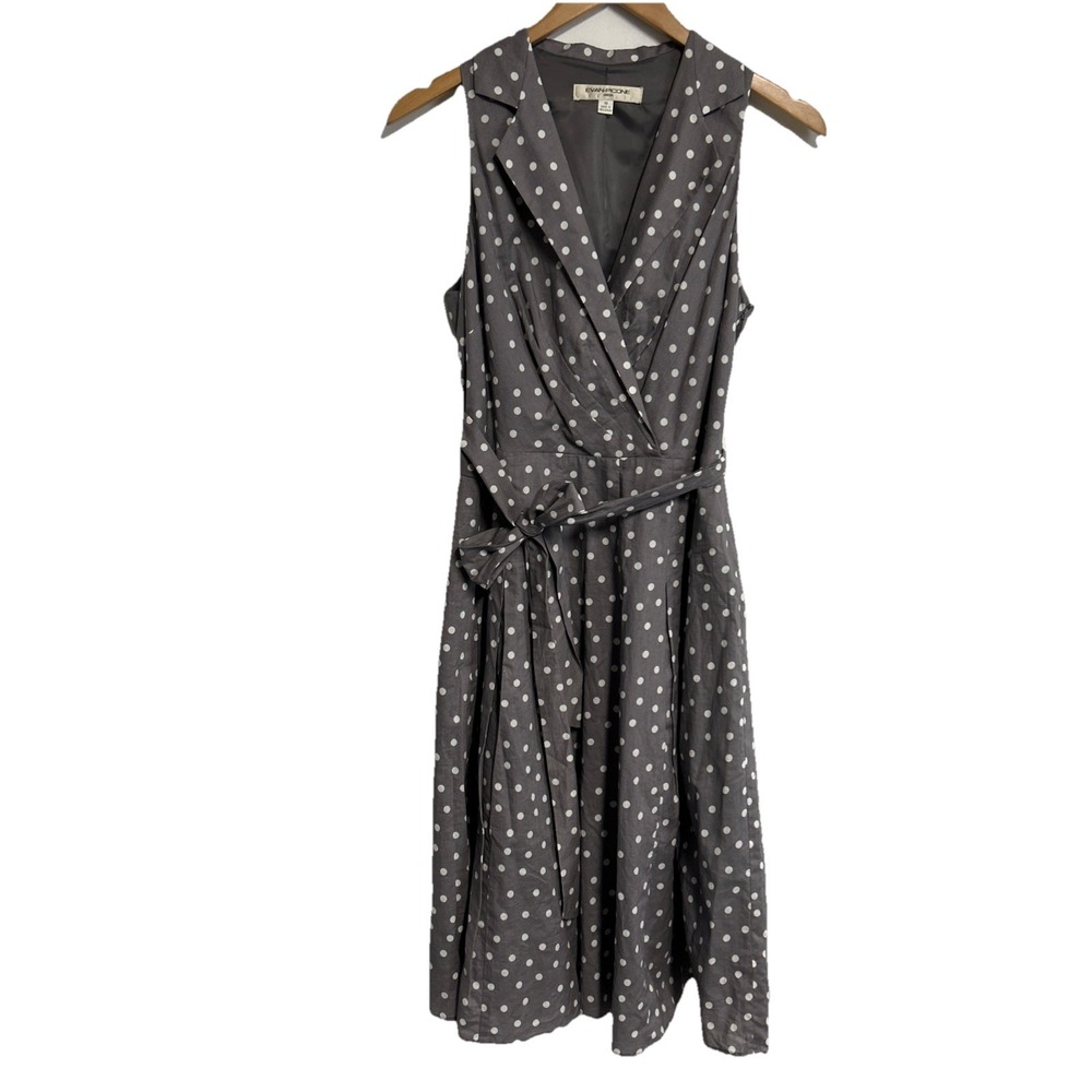 Evan Picone Women's 10 Gray White Polka Dot Dress Belted Sleeveless Collar Zip‎ - Picture 4 of 16